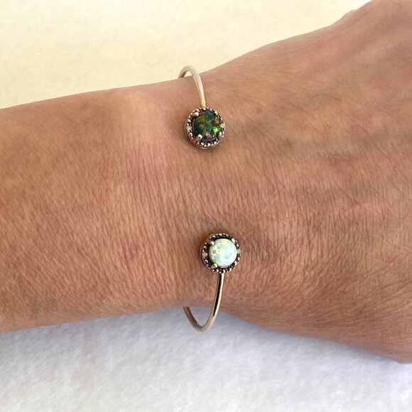 Gold Vermeil Sterling Silver Dainty Black White Opal Diamond Cuff Bracelet 6.25" - Picture 11 of 16